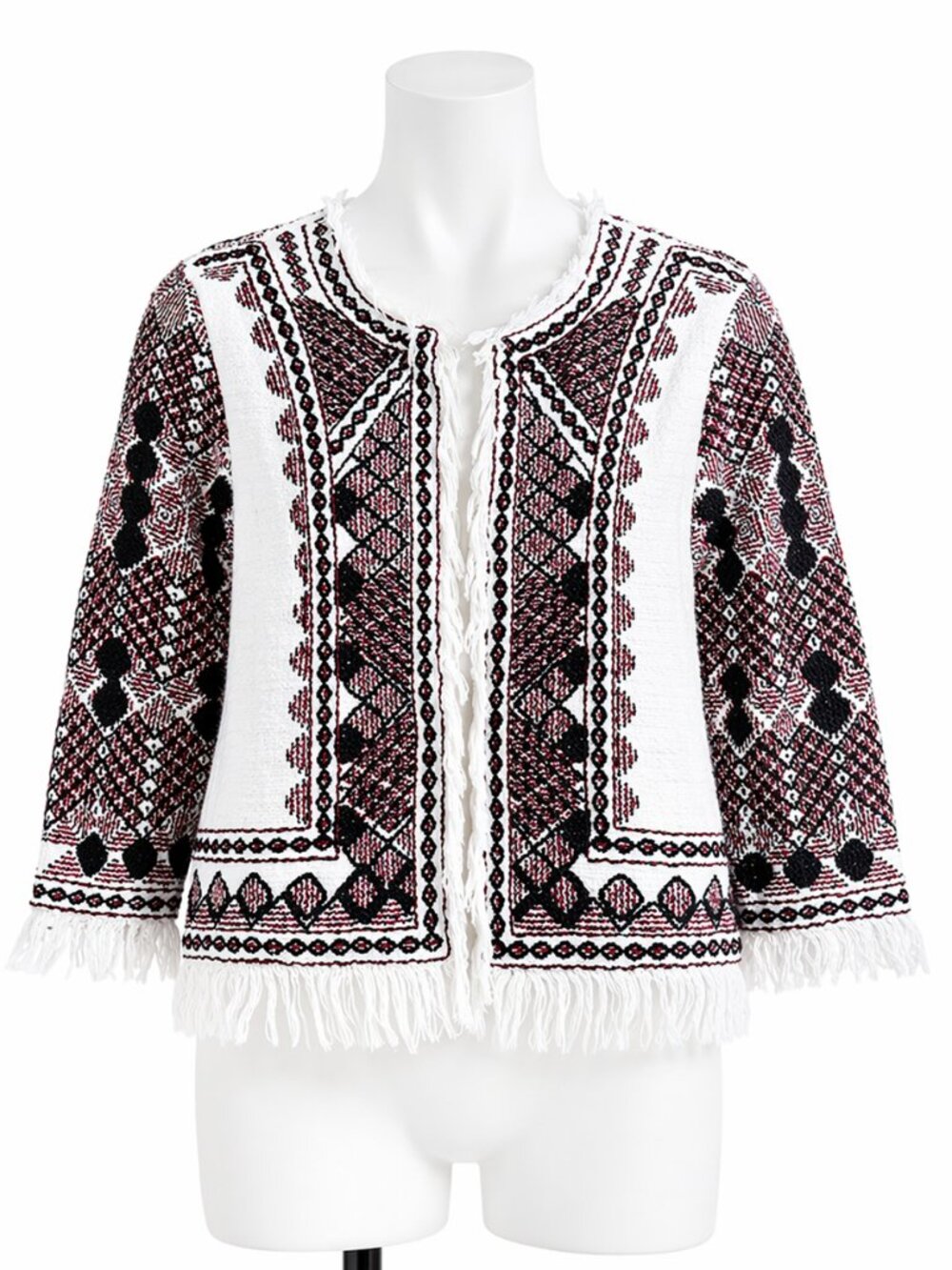 Boston Proper Jacket Women Size 0 White Beaded Embroidered Fringe Boho Tie Front
